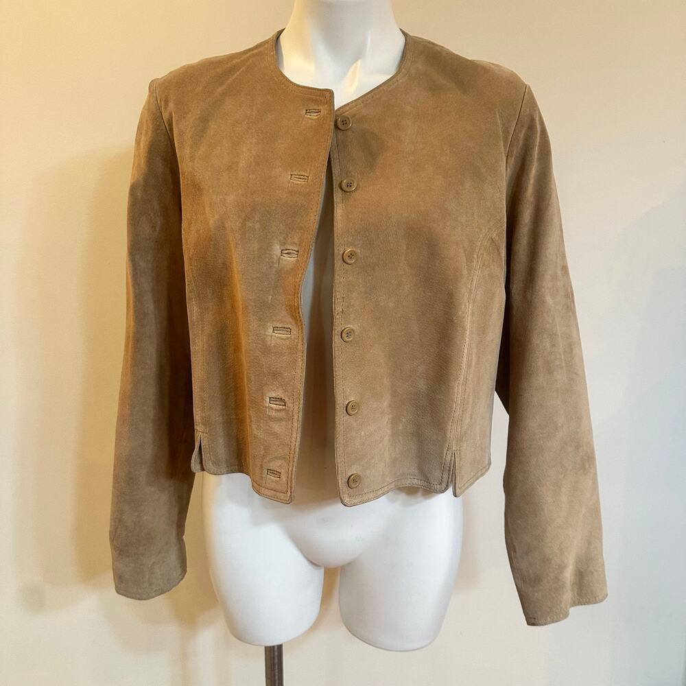 Suede collarless button front jacket sz small tan suede fall jacket